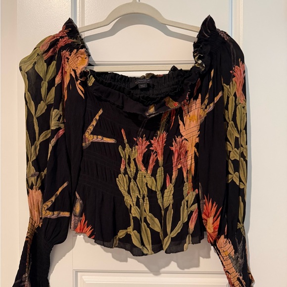 All Saints Tops - AllSaints Black Floral Smocked Peasant Blouse